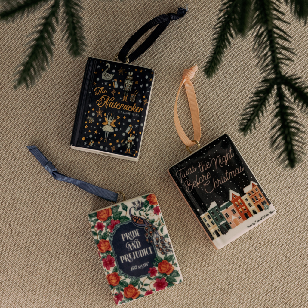 Seasonal - Ceramic  Ornament - Book shape- The Nutcracker - beige background and tree branches - other book designs also featured 
