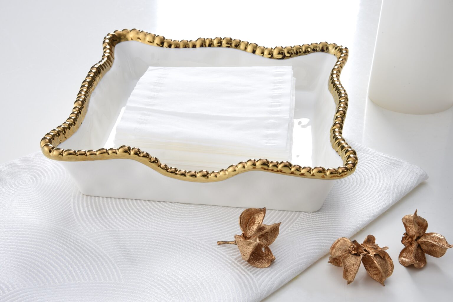 Napkin Holder - Luncheon - White with Gold Beads