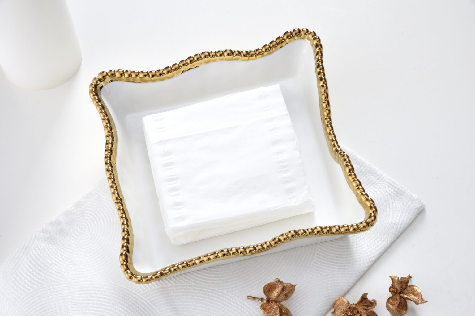 Napkin Holder - Luncheon - White with Gold Beads