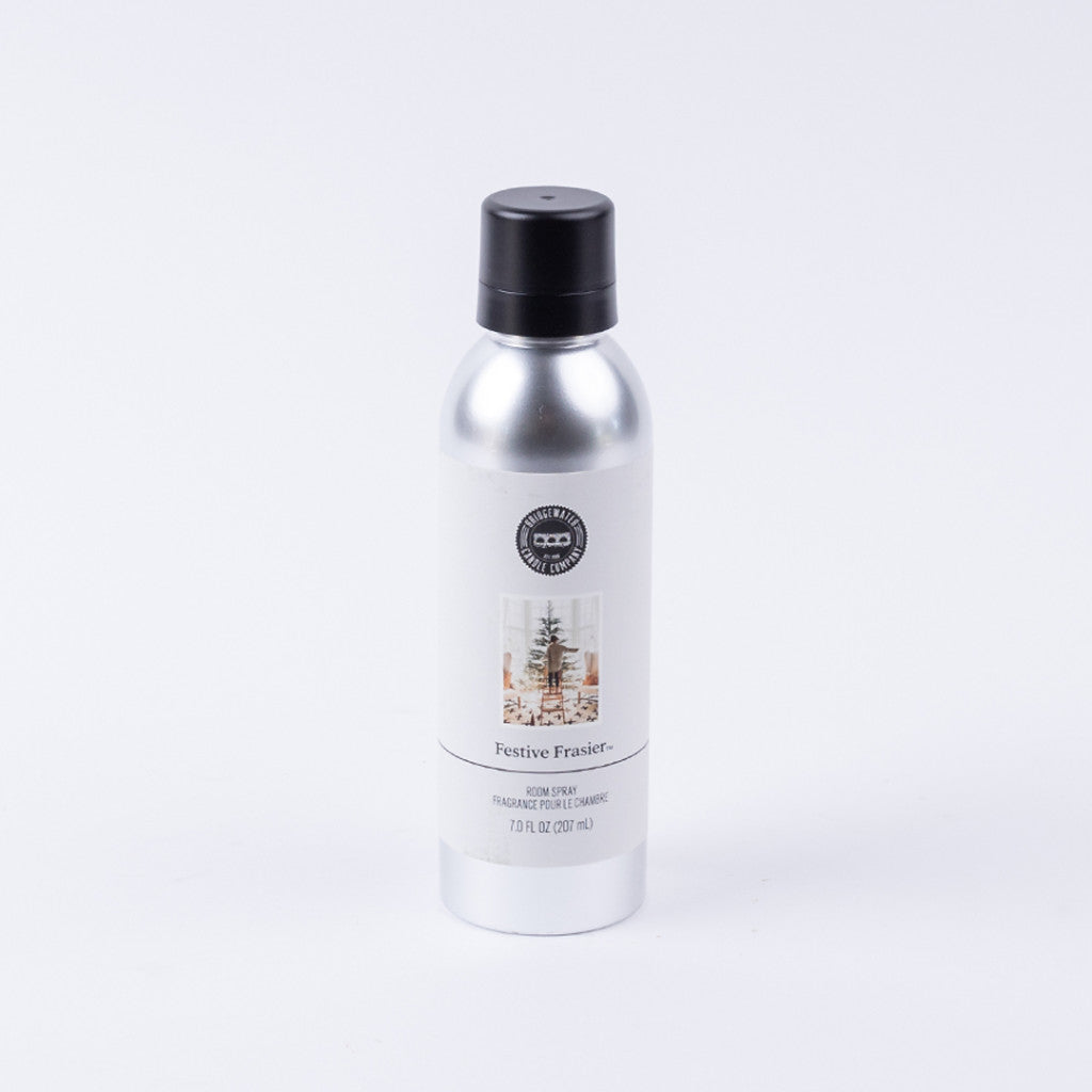 Seasonal - Room Spray - Festive Frasier scent.  Silver spray bottle with white label. 