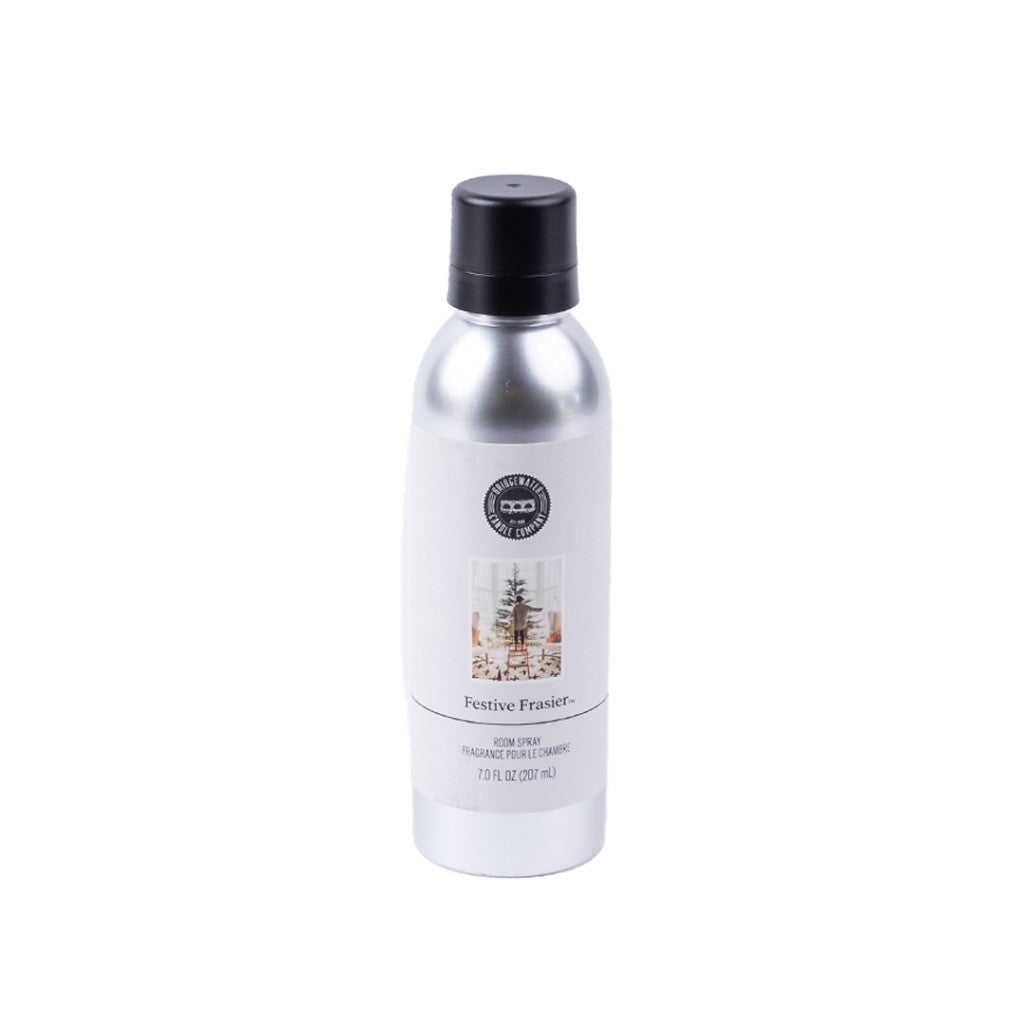 Seasonal - Room Spray - Festive Frasier scent.  Silver spray bottle with white label. 