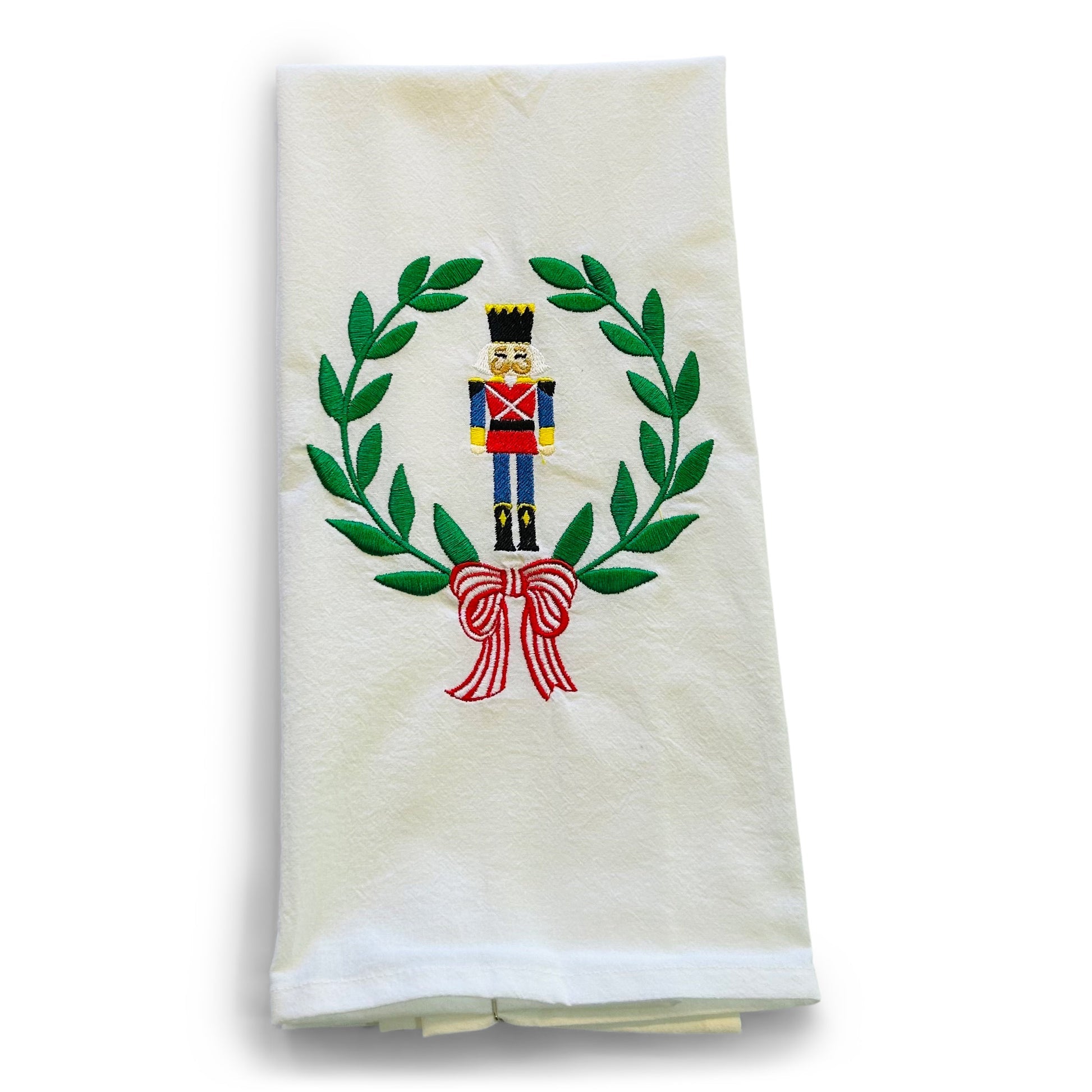 Seasonal - Tea Towel - embroidered Nutcracker in Laurel Wreath 