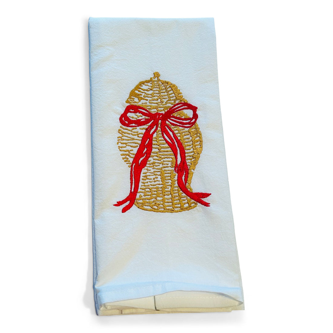 Seasonal - Tea Towel - embroidered Wicker Basket with Red Bow