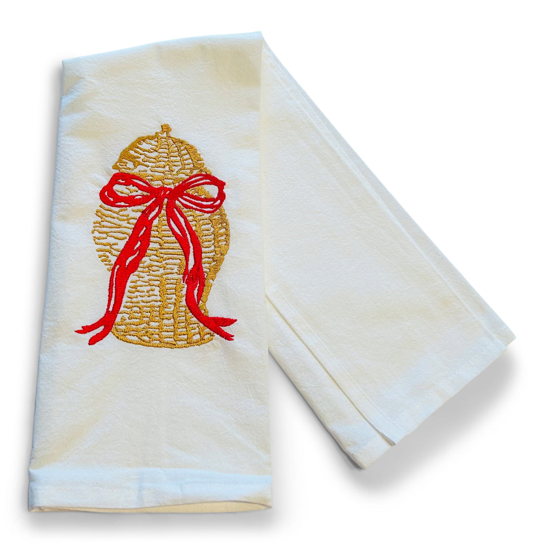 Seasonal - Tea Towel - embroidered Wicker Basket with Red Bow