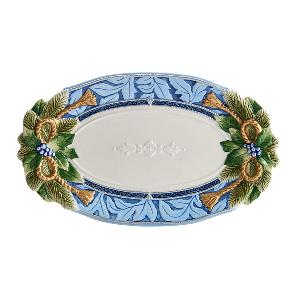 Seasonal - Holiday 17” Oval Platter blue with gold cord decoration and holly at the ends 