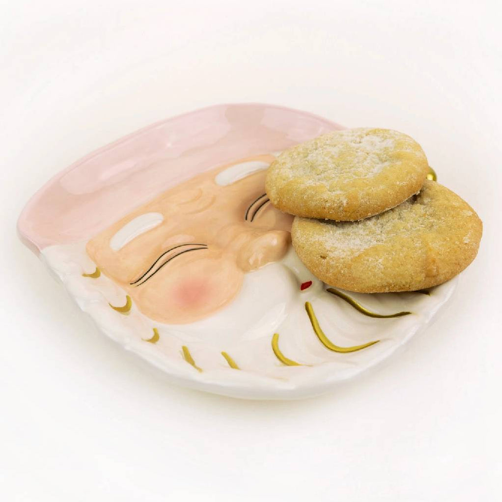 Seasonal - Plate - Dessert - Santa - Pink hat and gold accents.  Photo shows 2 sugar cookies on the plate.  