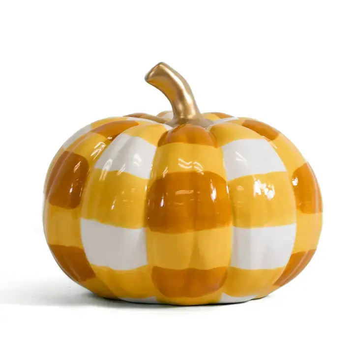Seasonal - Home Decor - Aiden Pumpkin - Orange and white checked ceramic pumpkin on white background 