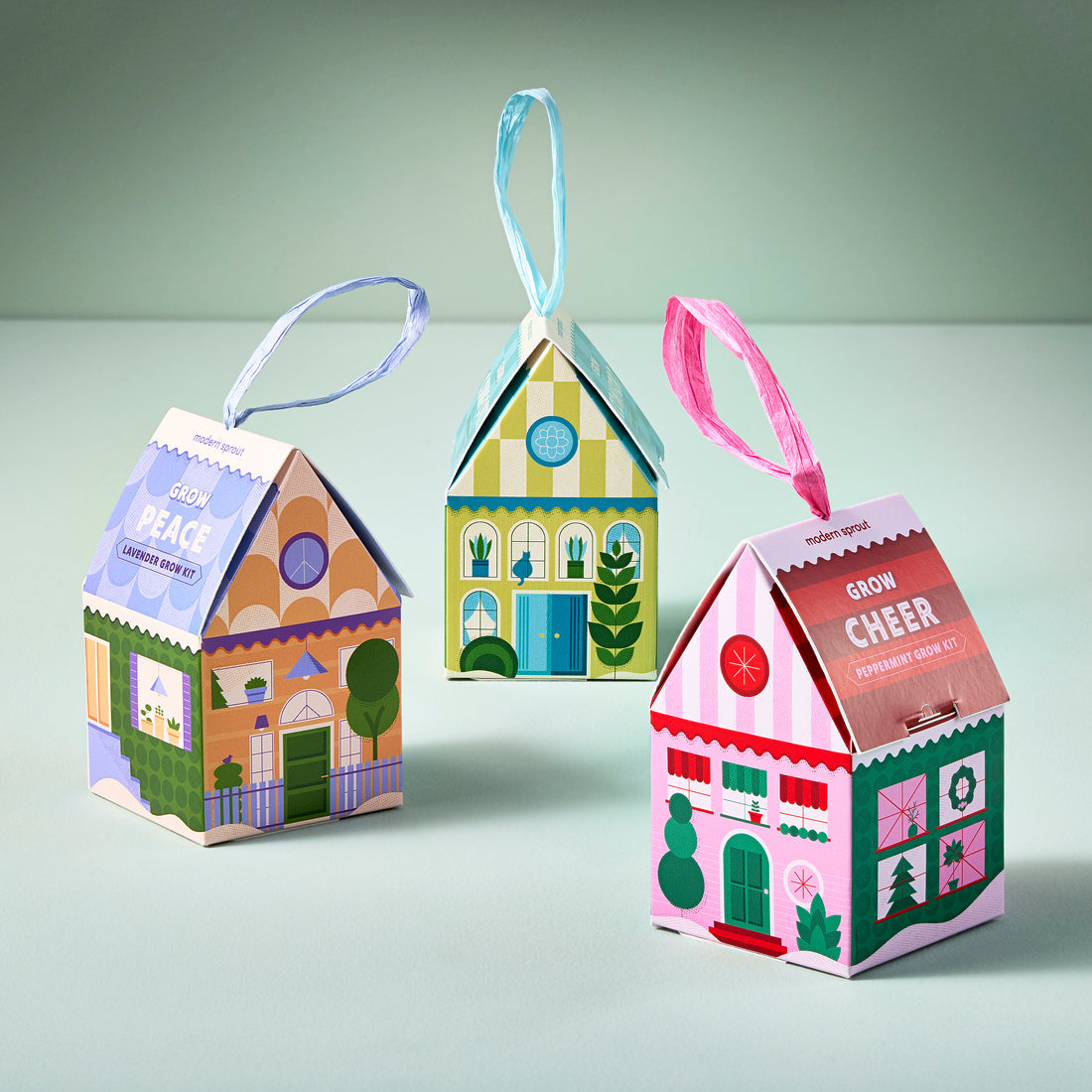 Seasonal - cardboard Ornament - Home Grown - Grow Peace - Lavender box in house shape. Other variants of ornaments also shown 