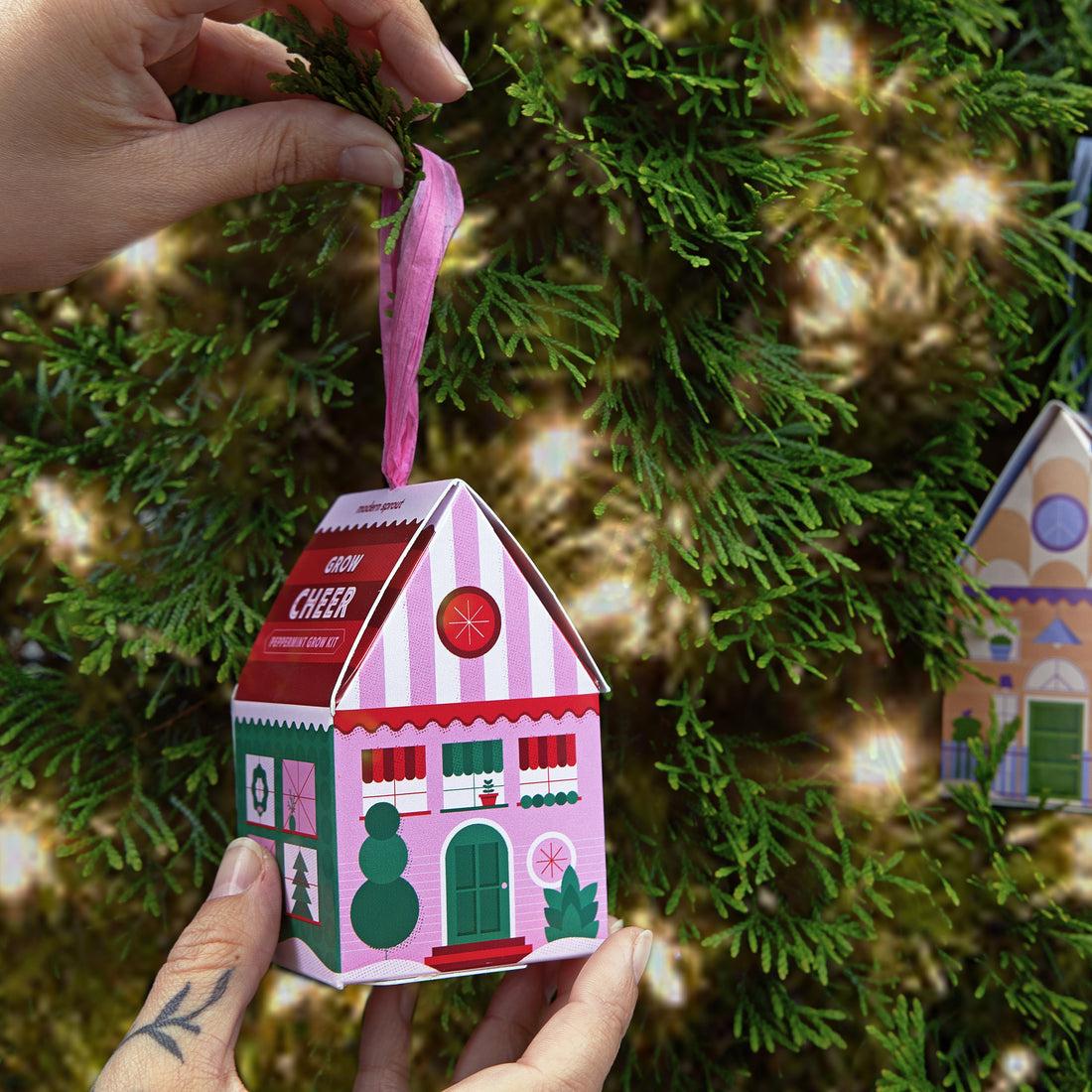 Seasonal - cardboard Ornament - Home Grown - Grow Cheer - Peppermint box hanging on tree branch 