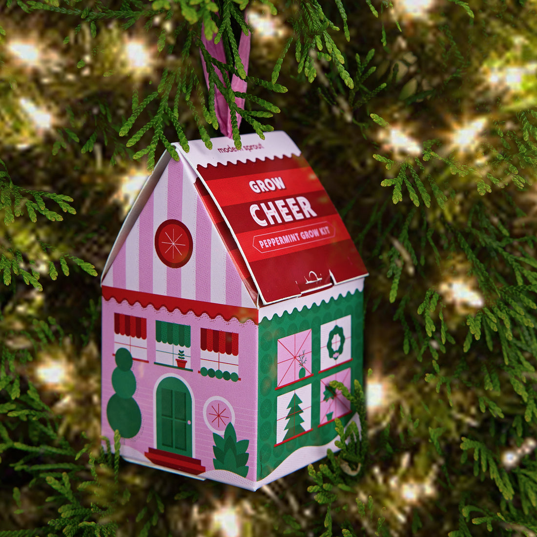 Seasonal - cardboard Ornament - Home Grown - Grow Cheer - Peppermint box hanging on a Christmas tree with white lights 