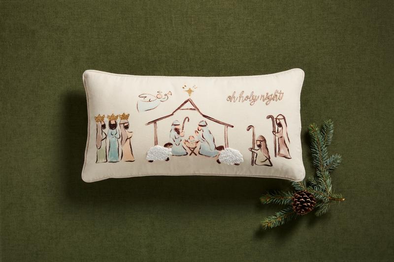 Seasonal - Pillow - Nativity - 24”x12”  ivory with nativity painted scene with green background 
