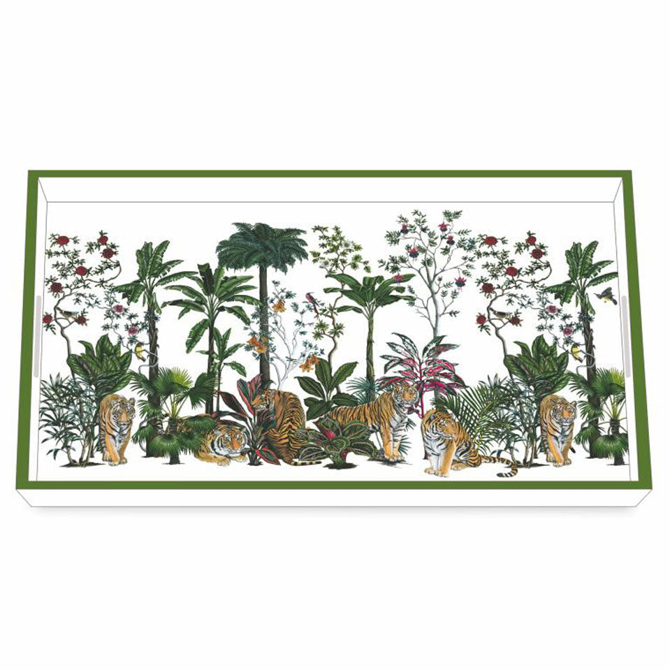 Decorative tray with tigers and tropical plants design on a white background