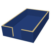 Blue rectangular napkin holder with gold edges on a white background