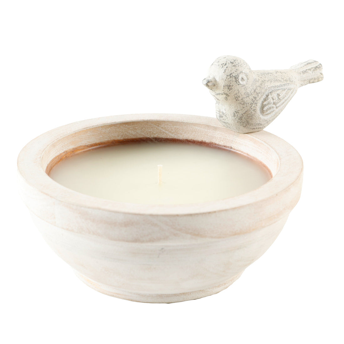 Wooden candle bowl with a decorative bird on a white background