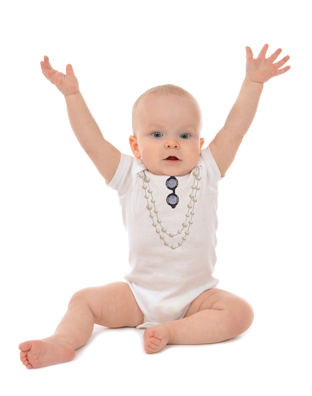 Baby wearing a toss designs white onesie with sunglasses and a necklace on a white background