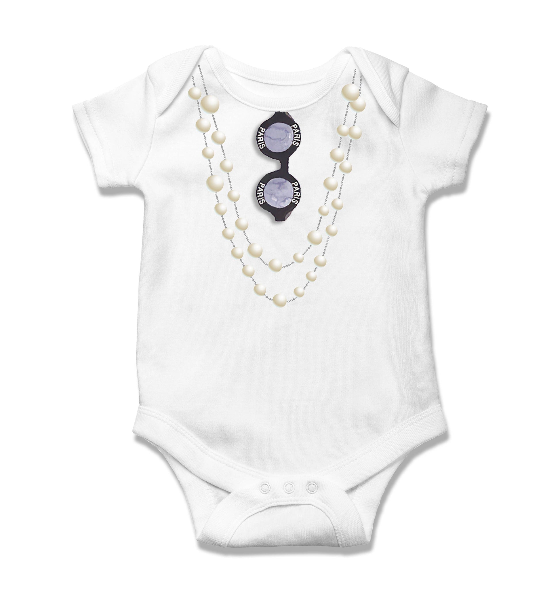 Toss Designs White baby onesie with sunglasses and pearl necklace design on a white background