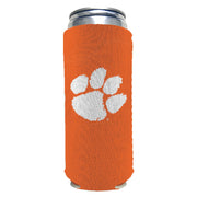 Orange can cooler with white paw print logo on a white background