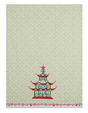 Decorative paper with a pagoda design on a light green patterned background