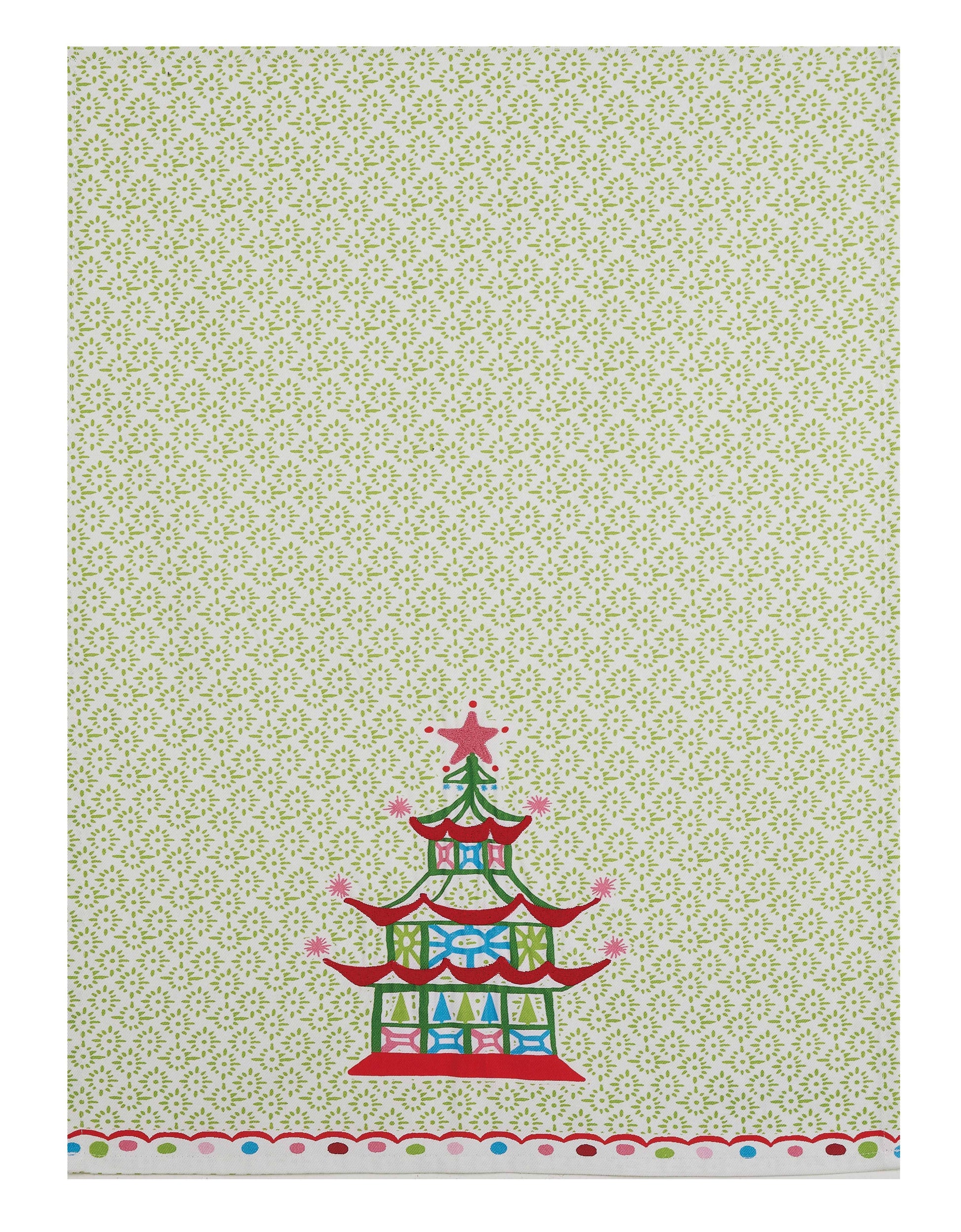 Decorative paper with a pagoda design on a light green patterned background