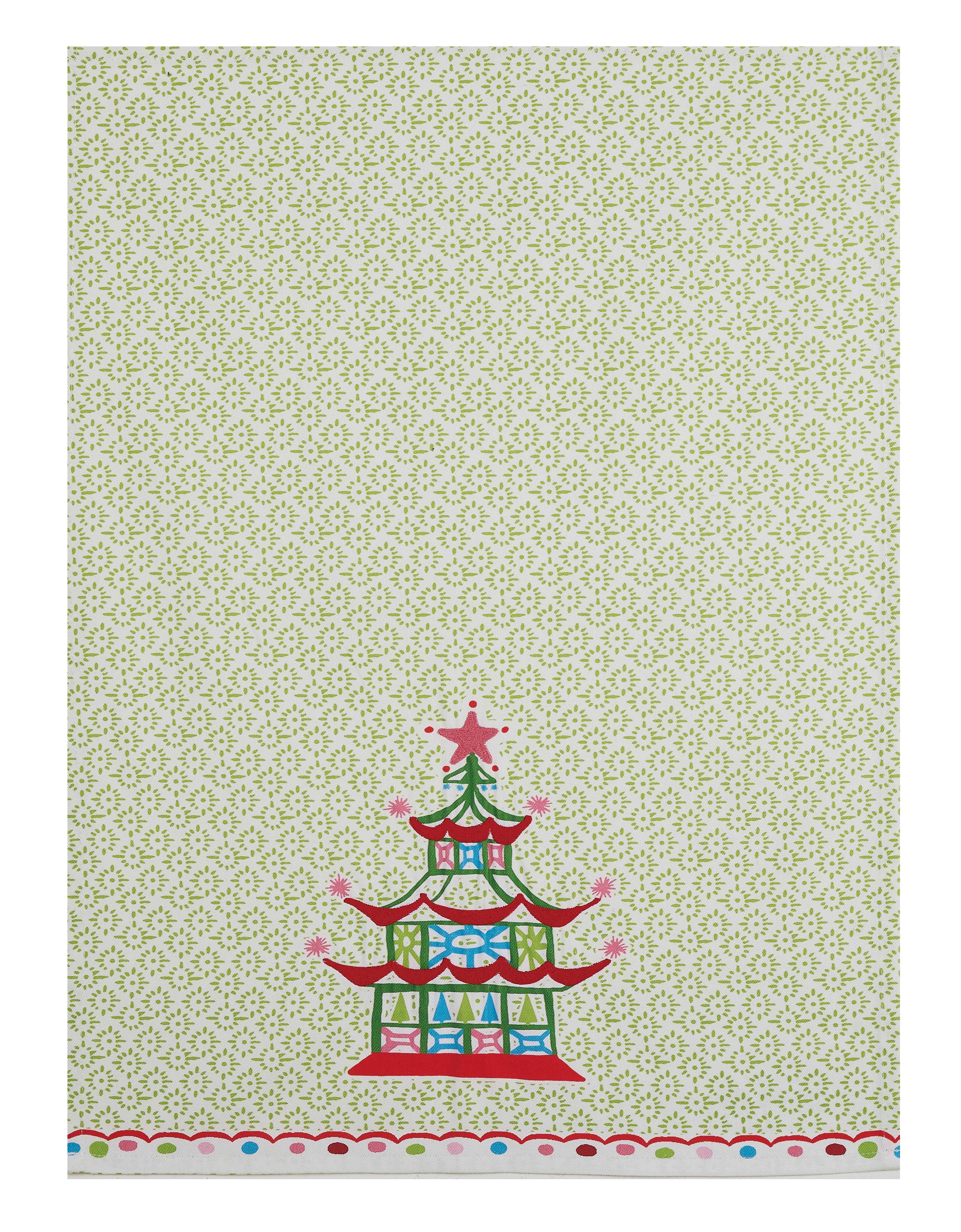 Decorative paper with a pagoda design on a light green patterned background