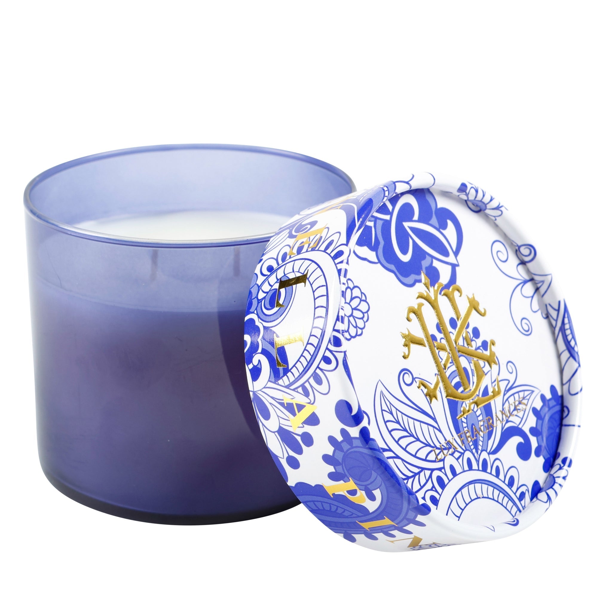 Lux Citronella Pineapple 2-Wick Candle | Blue Glass with Decorative Lid Candle with a decorative blue and white lid featuring gold designs on a white background