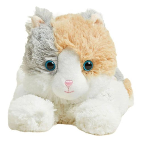 Plush toy resembling a cat with a white face, gray ears, and orange patches on a white background