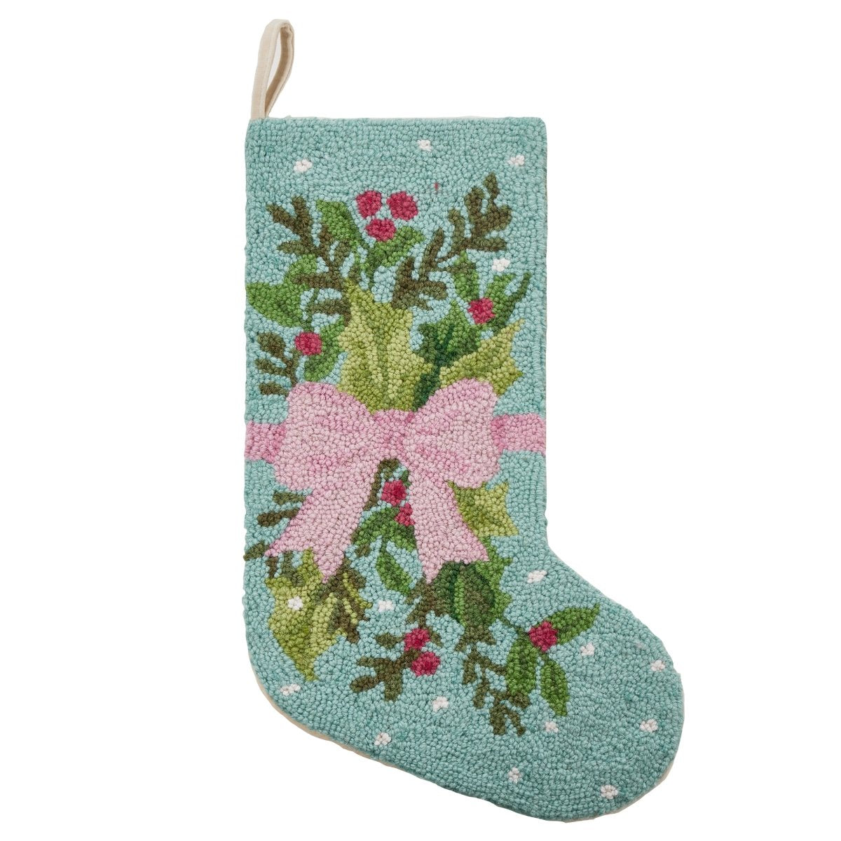 Decorative Christmas stocking with floral patterns and a pink bow on a light blue background