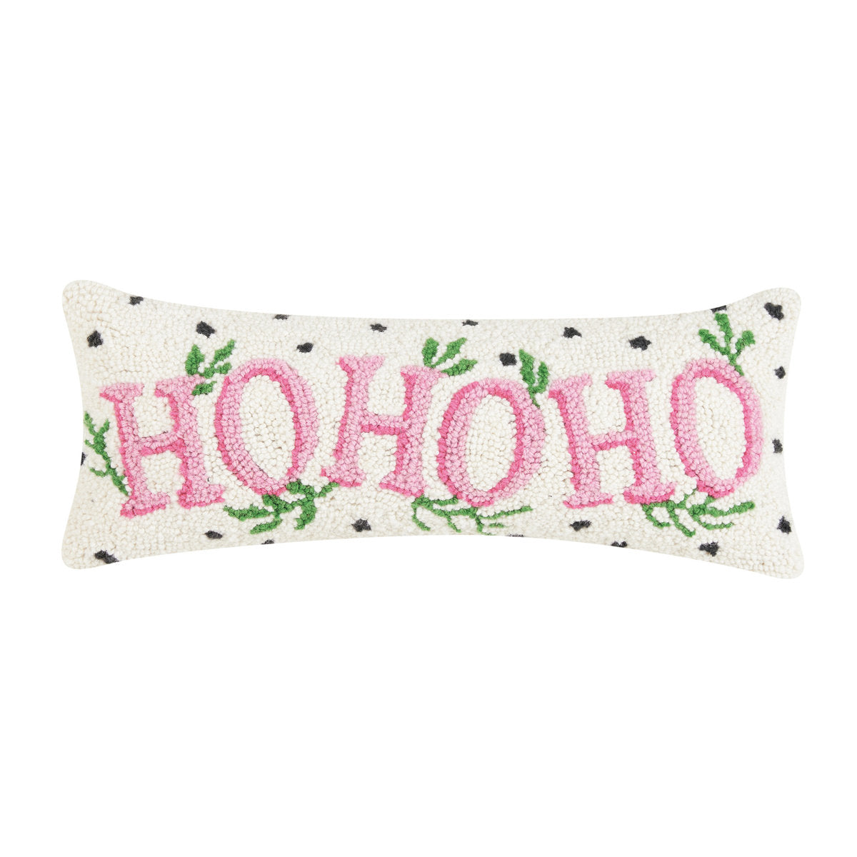 Decorative pillow with 'HO HO HO' text on a white background