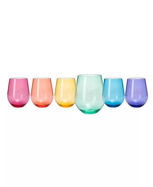 Set of six colorful stemless wine glasses on a white background