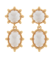 Grace Ann Designs Gold earrings with white stones on a white background