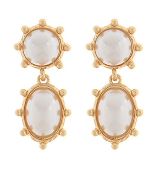Grace Ann Designs Gold earrings with white stones on a white background