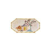 Decorative plate with a scenic design of a pagoda and tree on a white background. Hand-Painted Stoneware Decorative Plate with Palm Tree & Bamboo Design- Creative Co-Op