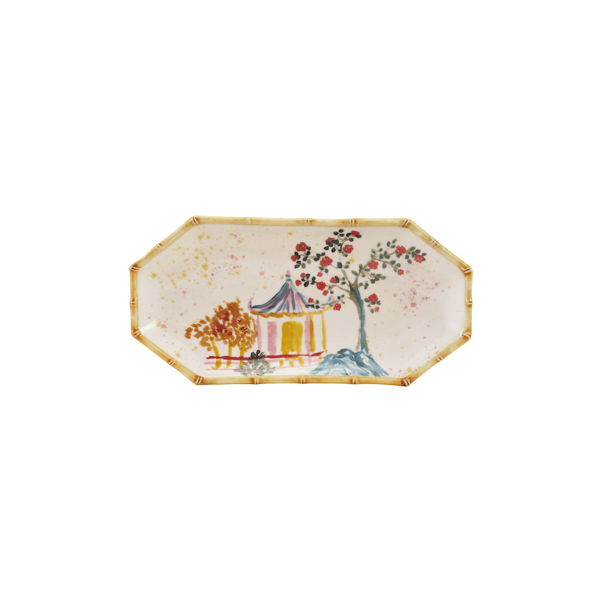 Decorative plate with a scenic design of a pagoda and tree on a white background. Hand-Painted Stoneware Decorative Plate with Palm Tree & Bamboo Design- Creative Co-Op