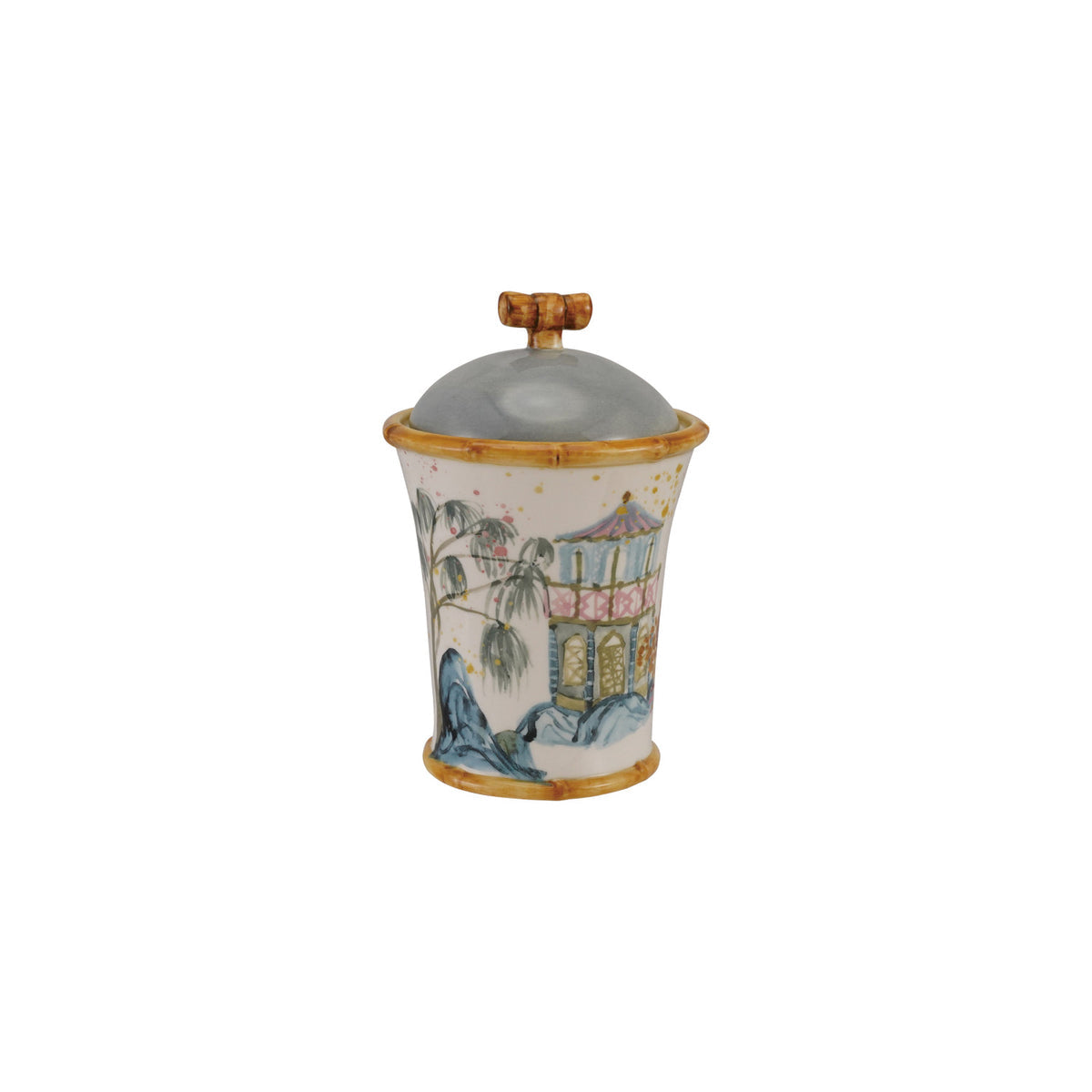 Decorative ceramic jar with lid on a white background - Creative Co-Op Hand-Painted Stoneware Canister with Chinoiserie House, Palm Tree & Bamboo Design