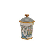 Decorative ceramic jar with lid on a white background - Creative Co-Op Hand-Painted Stoneware Canister with Chinoiserie House, Palm Tree & Bamboo Design