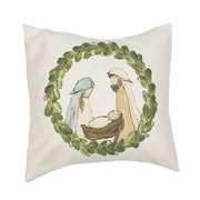 Decorative pillow with a nativity scene design on a white background