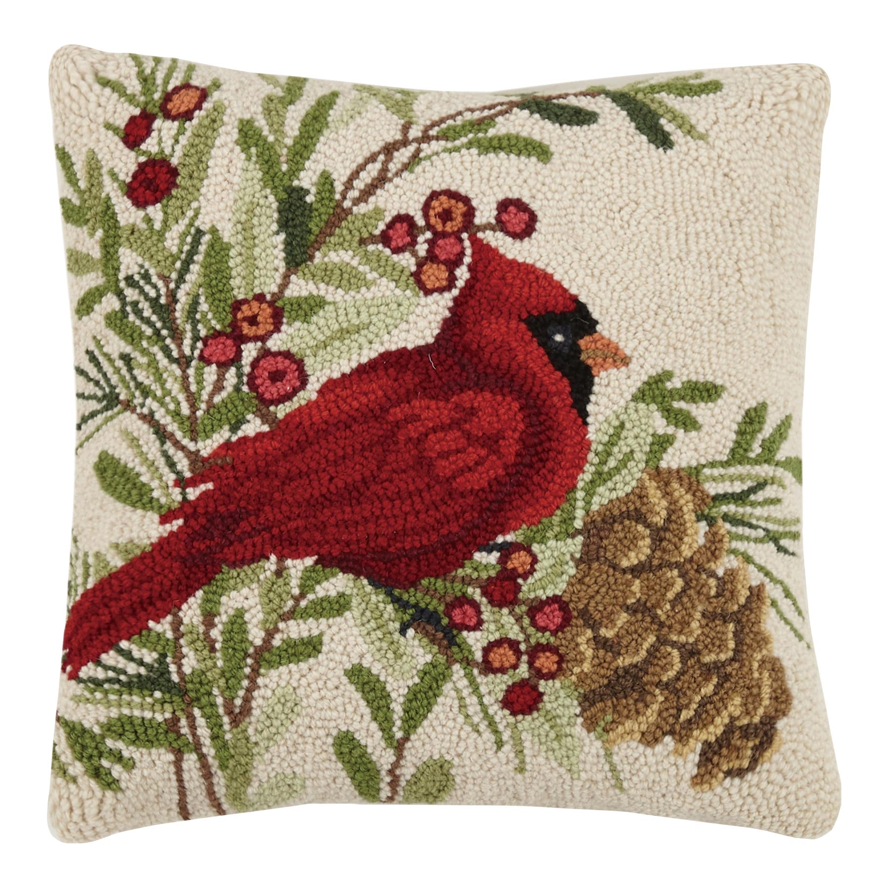 Decorative pillow with a red cardinal and winter elements on a beige background