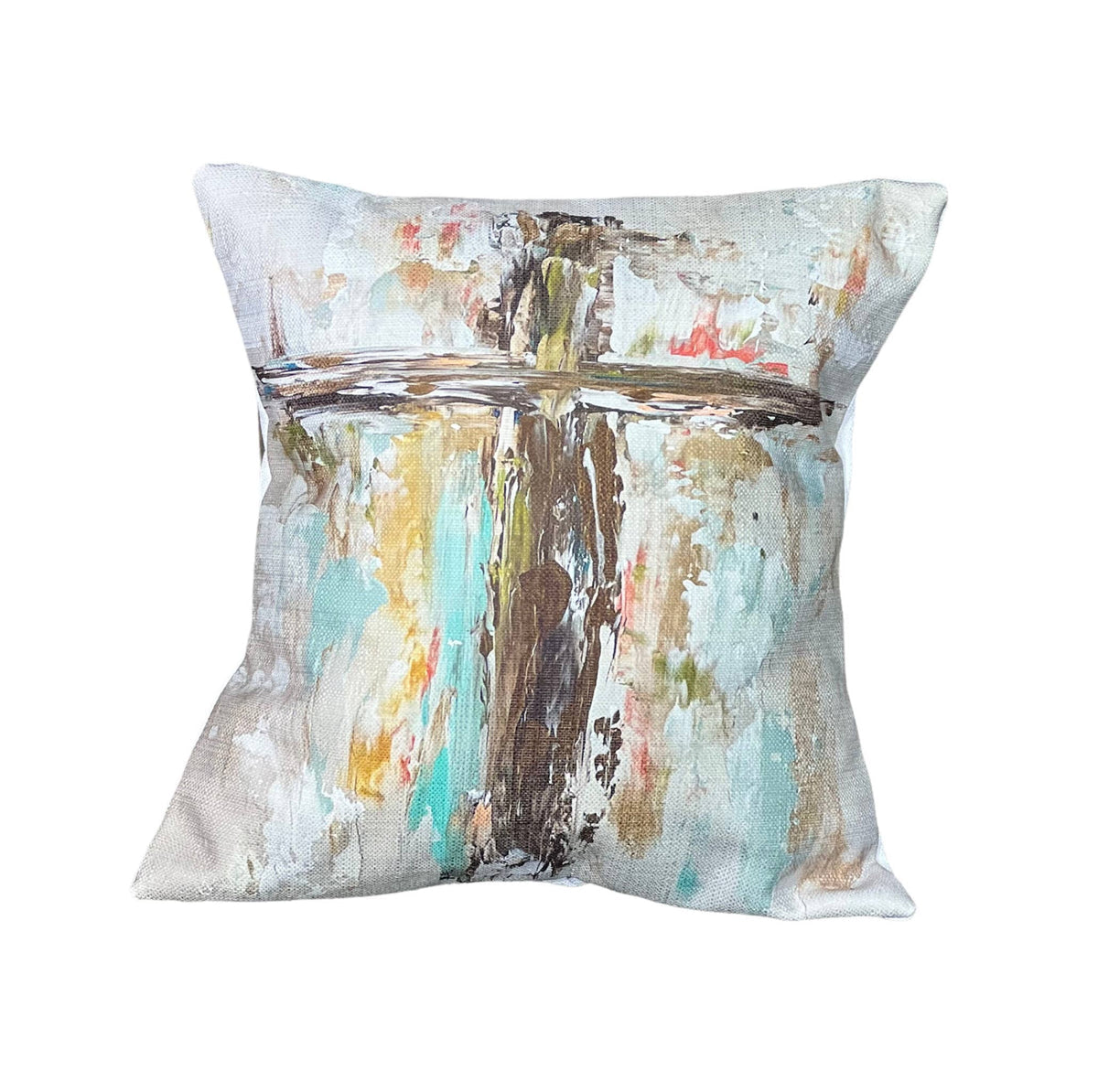 Southern Cotton Mill Cross Decorative pillow with abstract multicolor design on a white background