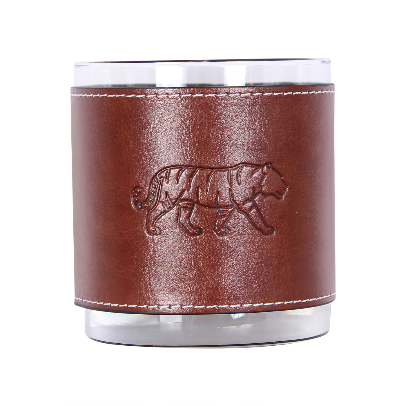 Barrel Down South Whiskey Glass with brown leather wrap featuring a tiger design on a white background