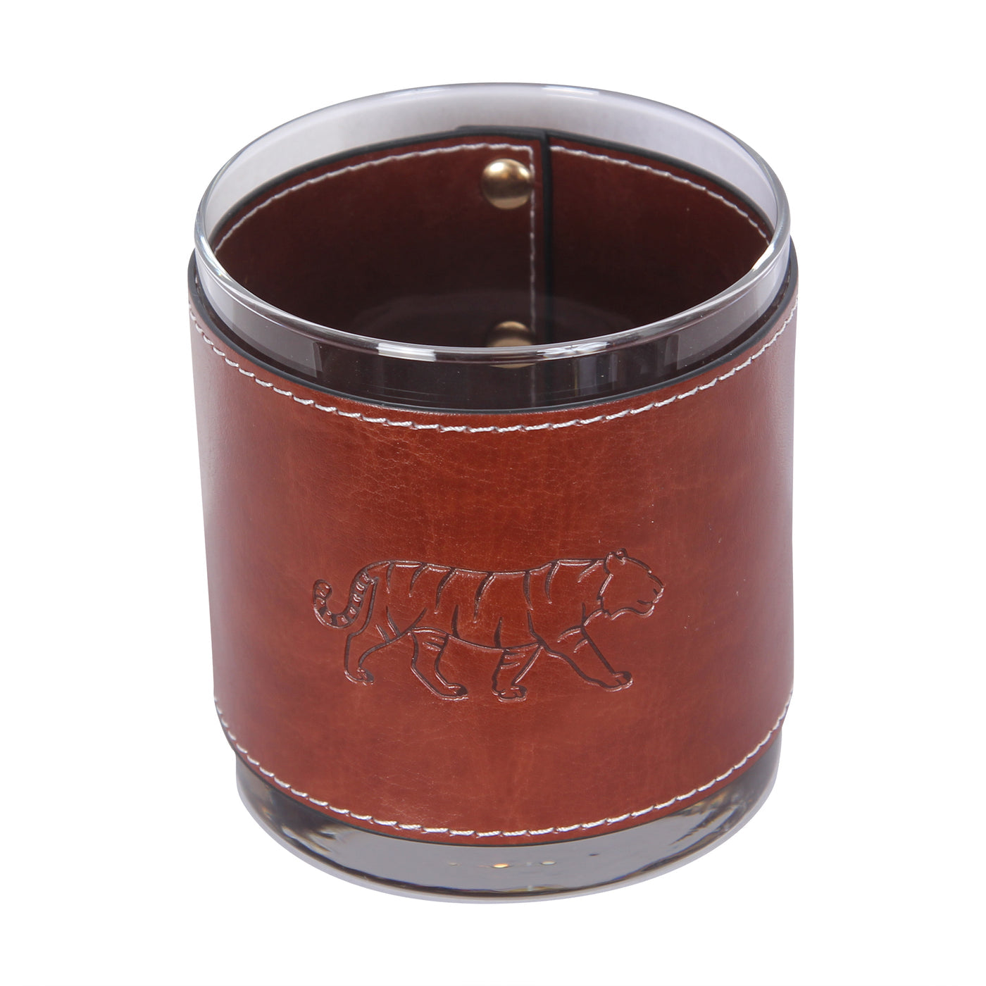 Barrel Down South Whiskey Glass with brown leather wrap featuring a tiger design on a white background