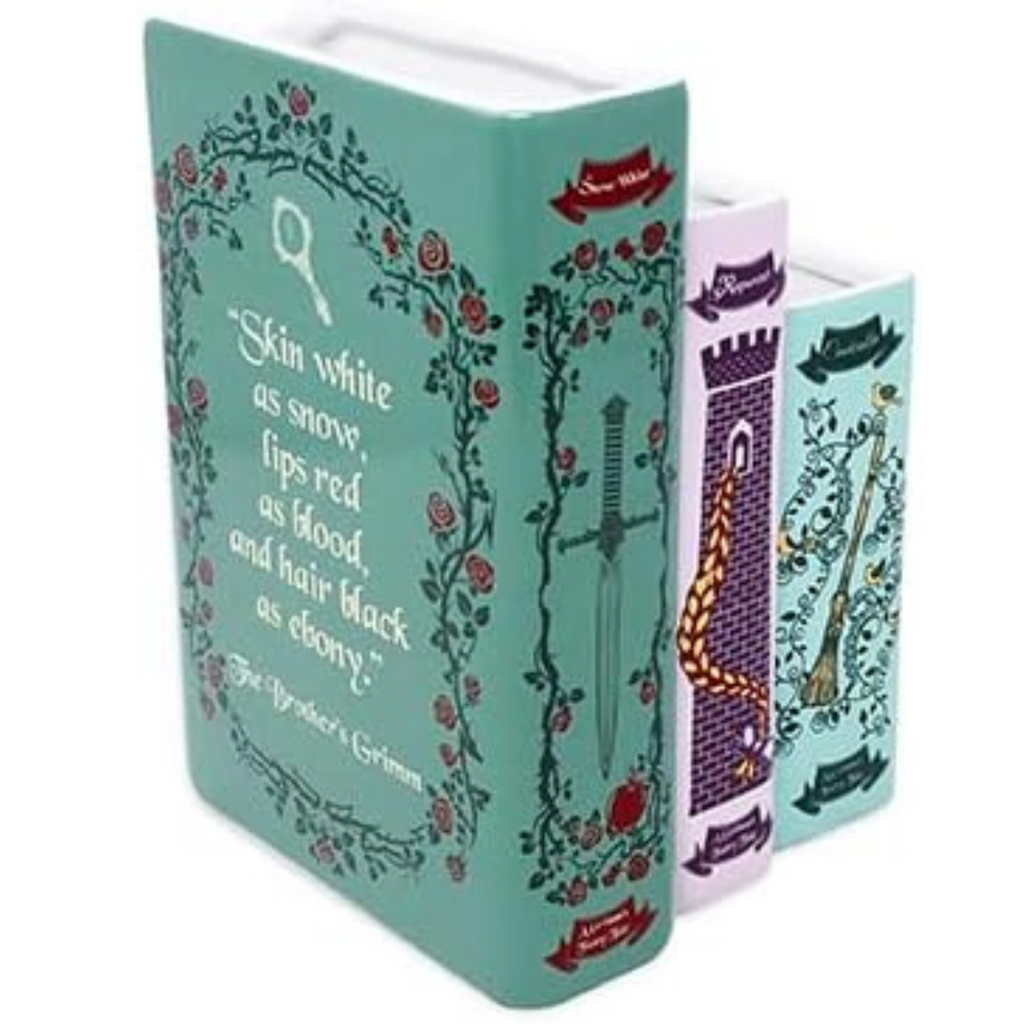 Decorative bookends with literary quotes and illustrations on a white background
