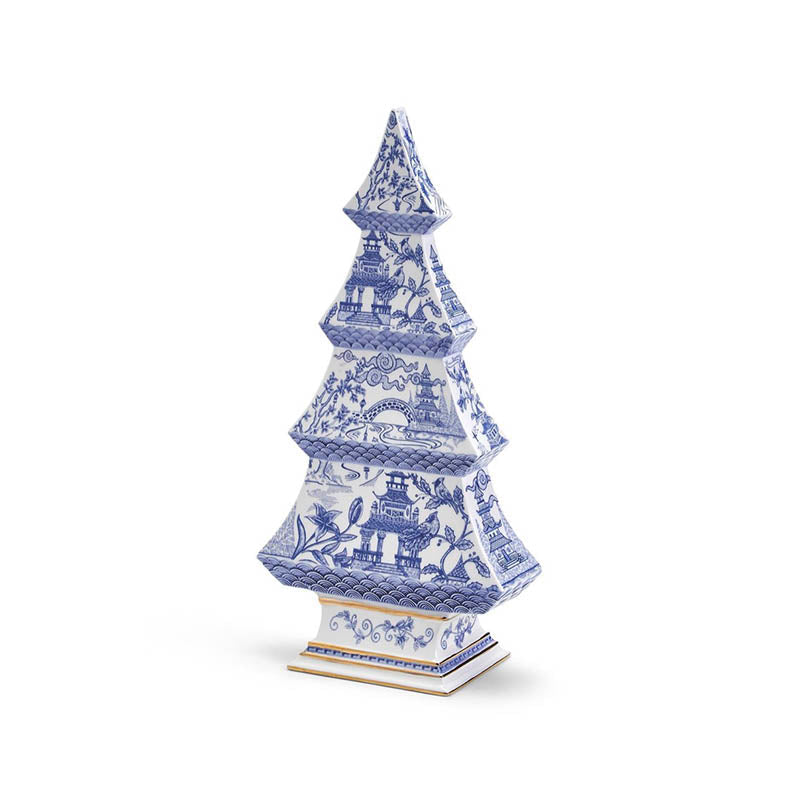 Blue and white ceramic decorative tree on a white background