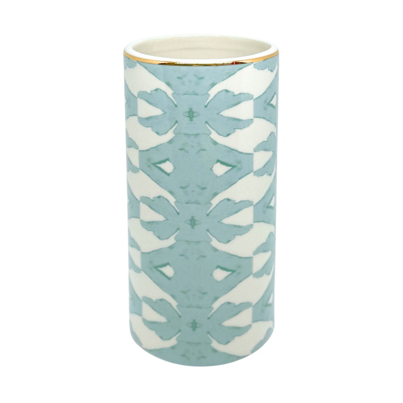 Cylindrical vase with geometric pattern on a light blue background