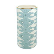 Cylindrical vase with geometric pattern on a light blue background
