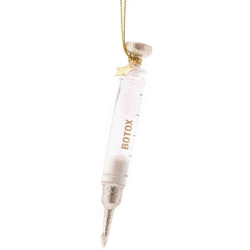 Decorative ornament shaped like a Botox syringe on a white background