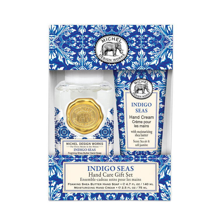 Michel Design Works Indigo Seas hand care gift set packaging with blue and white design.