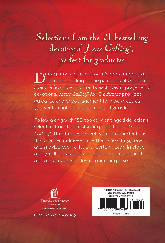 Back cover of a book titled 'Jesus Calling for Graduates' with red background and white text.