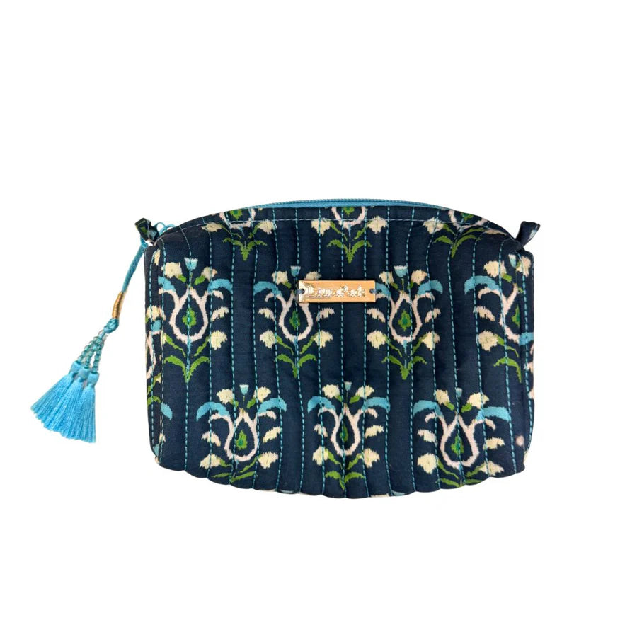 Embroidered pouch with floral pattern and blue tassel on a white background