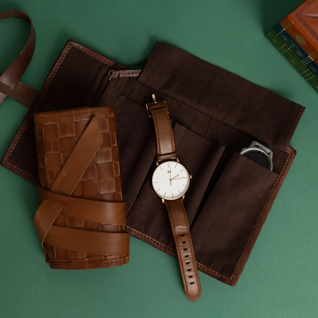 Men's Watch Roll - Dark Brown Woven Leather