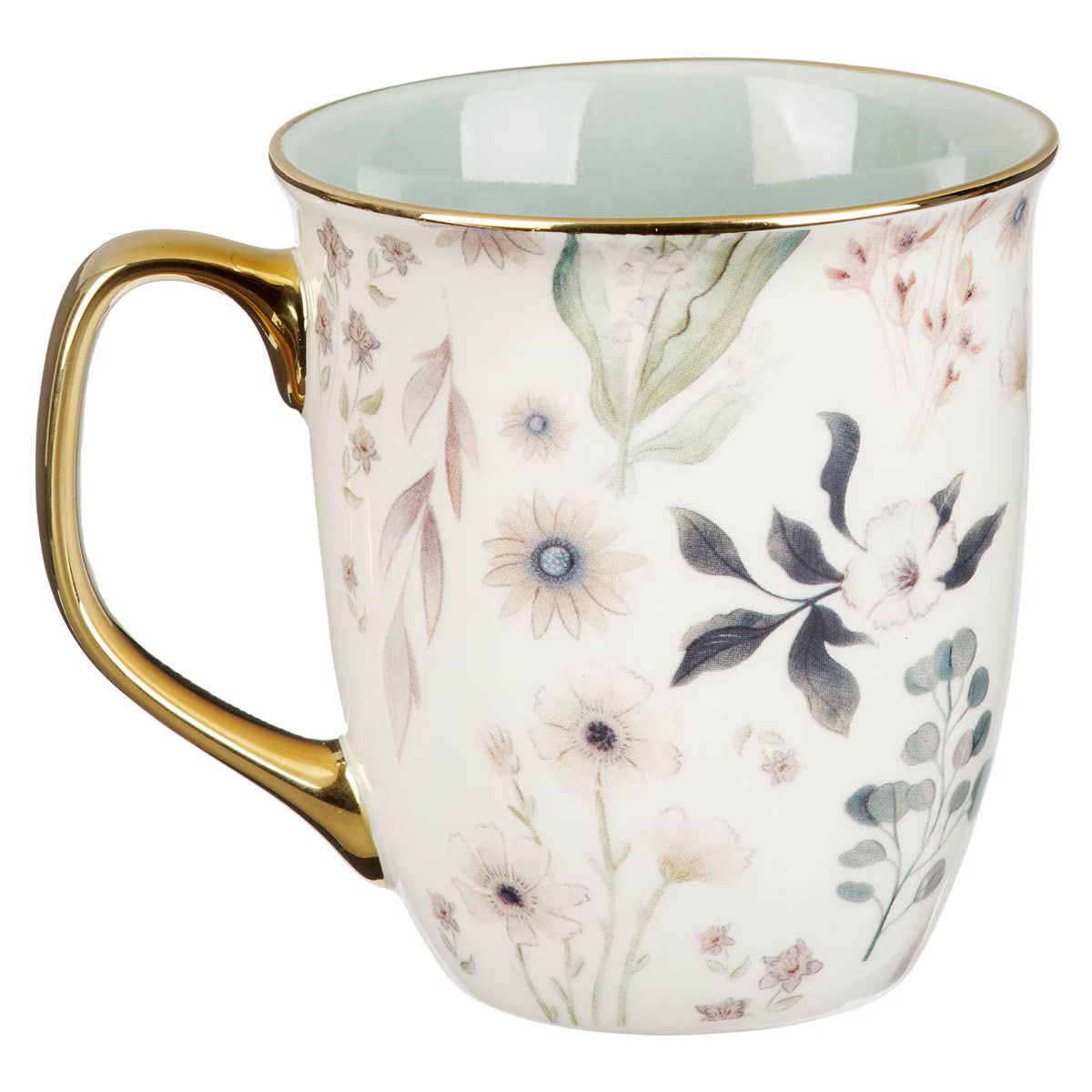Decorative ceramic mug with floral patterns on a white background